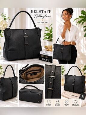 BELSTAFF Nottingham 38 Black Pebbled Leather Double Handle Leather Satchel Bag